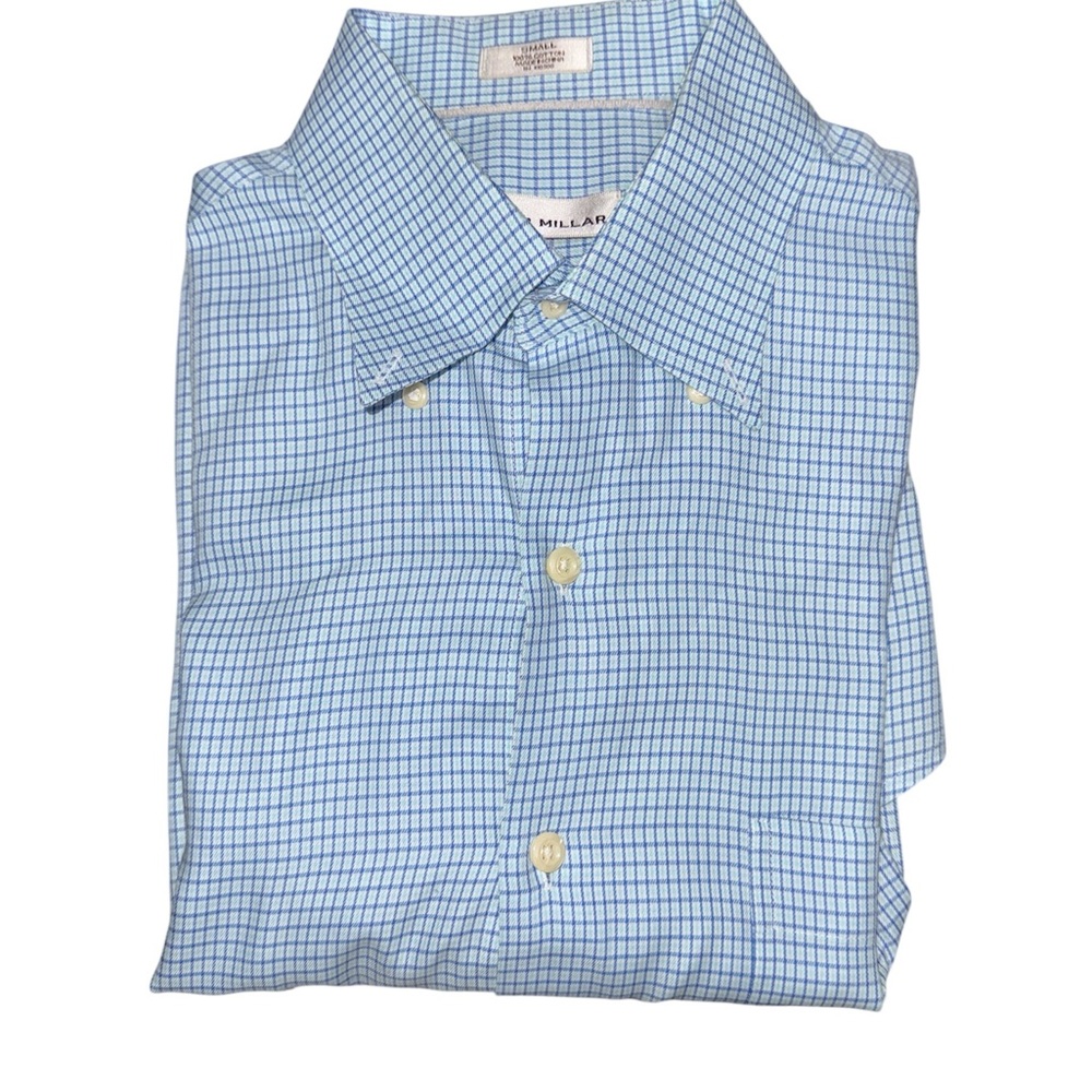 Peter Millar Light Blue Mens Long Sleeve Button-Down Grid Dress Shirt Size Small